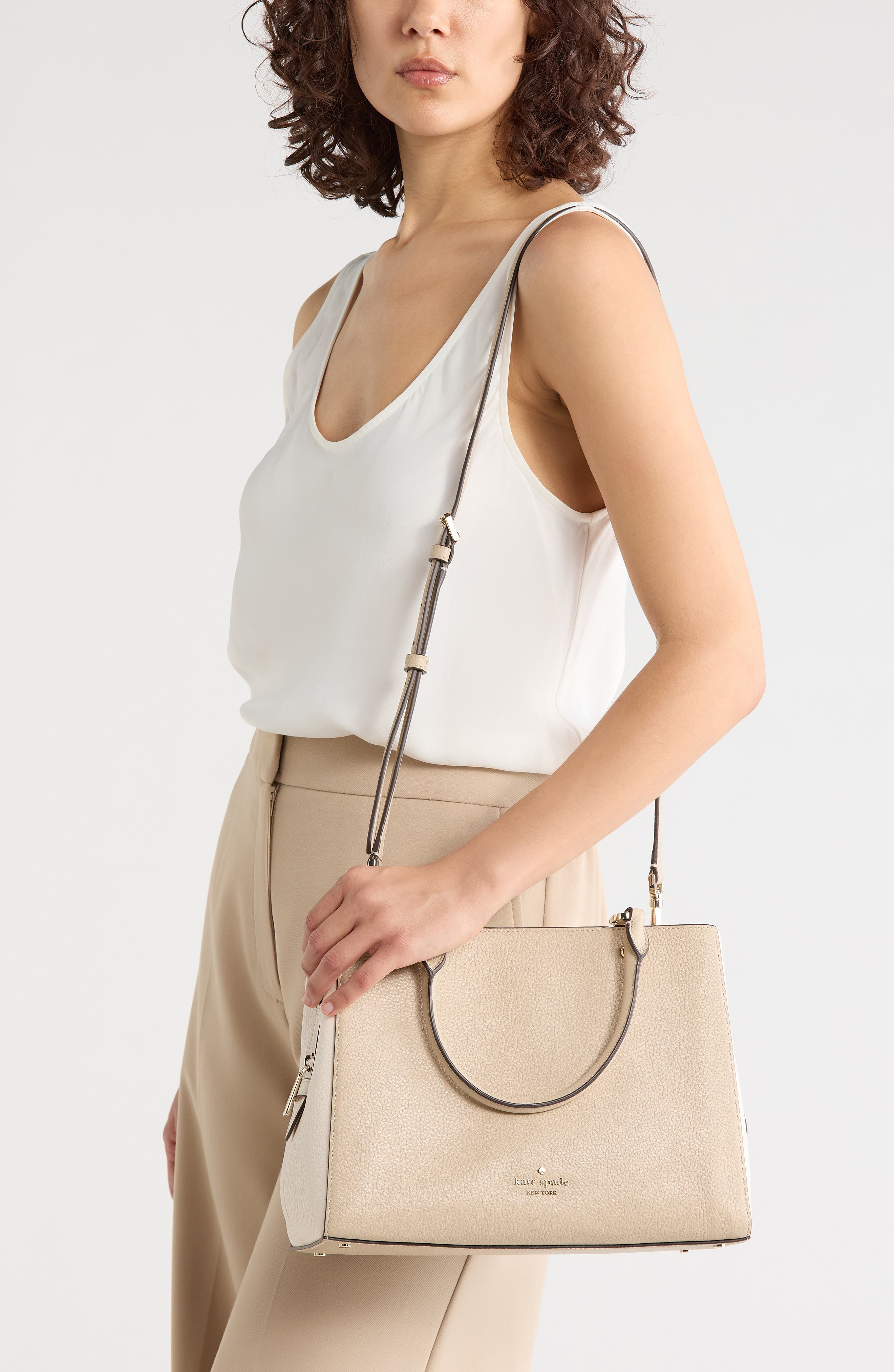 Leila Colorblock Pebbled Leather Satchel, Alternate, color, LIGHT SAND MULTI