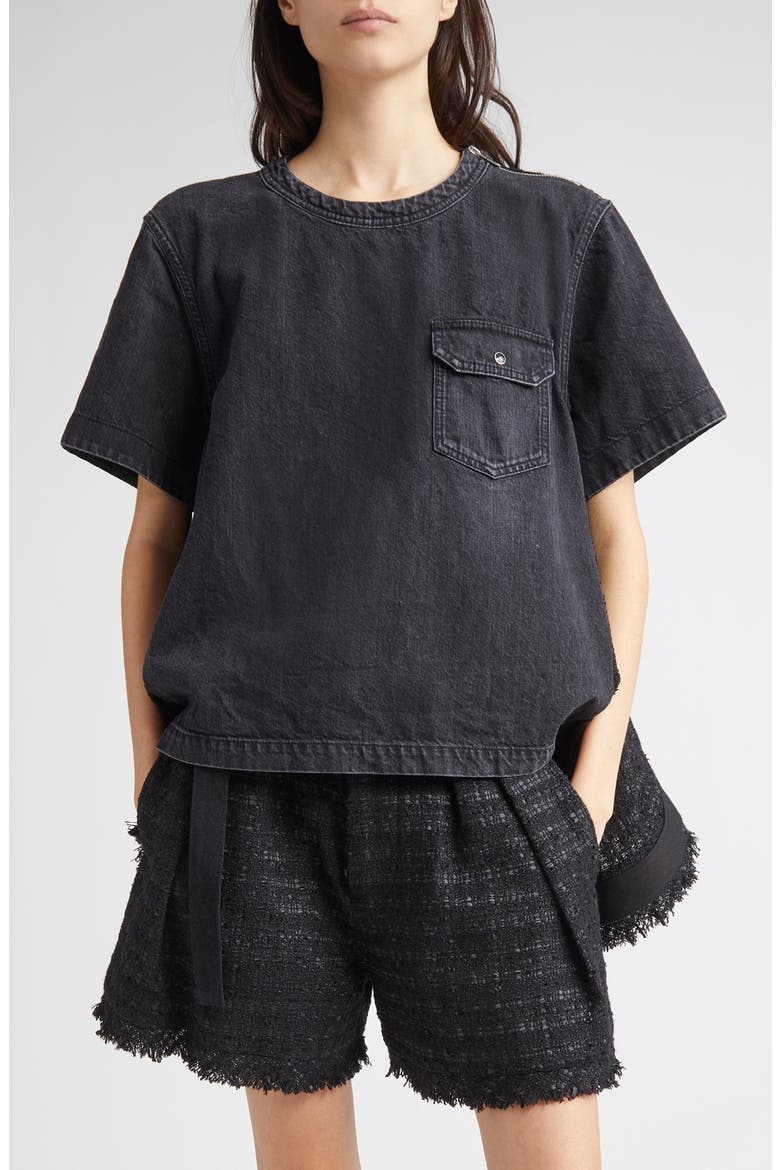 Mixed Media Denim & Tweed Top, Main, color, BLACK/ BLACK 002