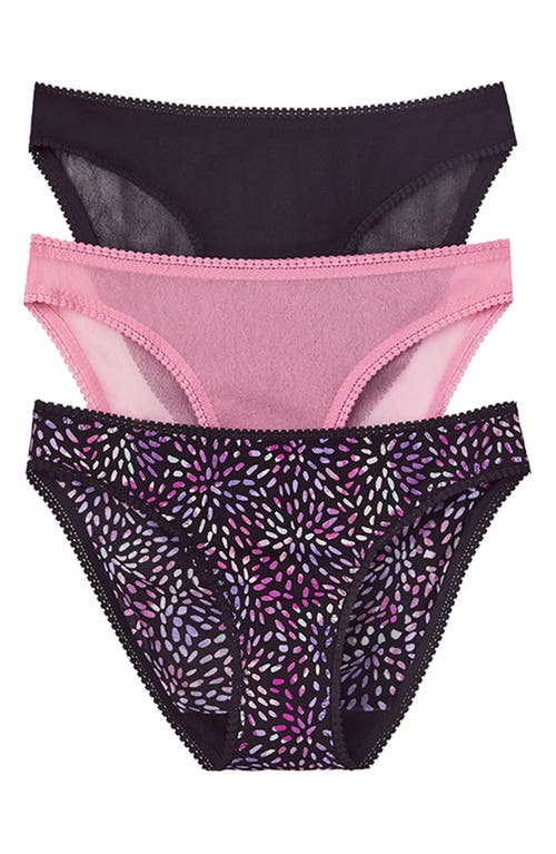 On Gossamer 3-Pack Mesh Hip Bikinis in Black/Confetti/Mauve Orchid 