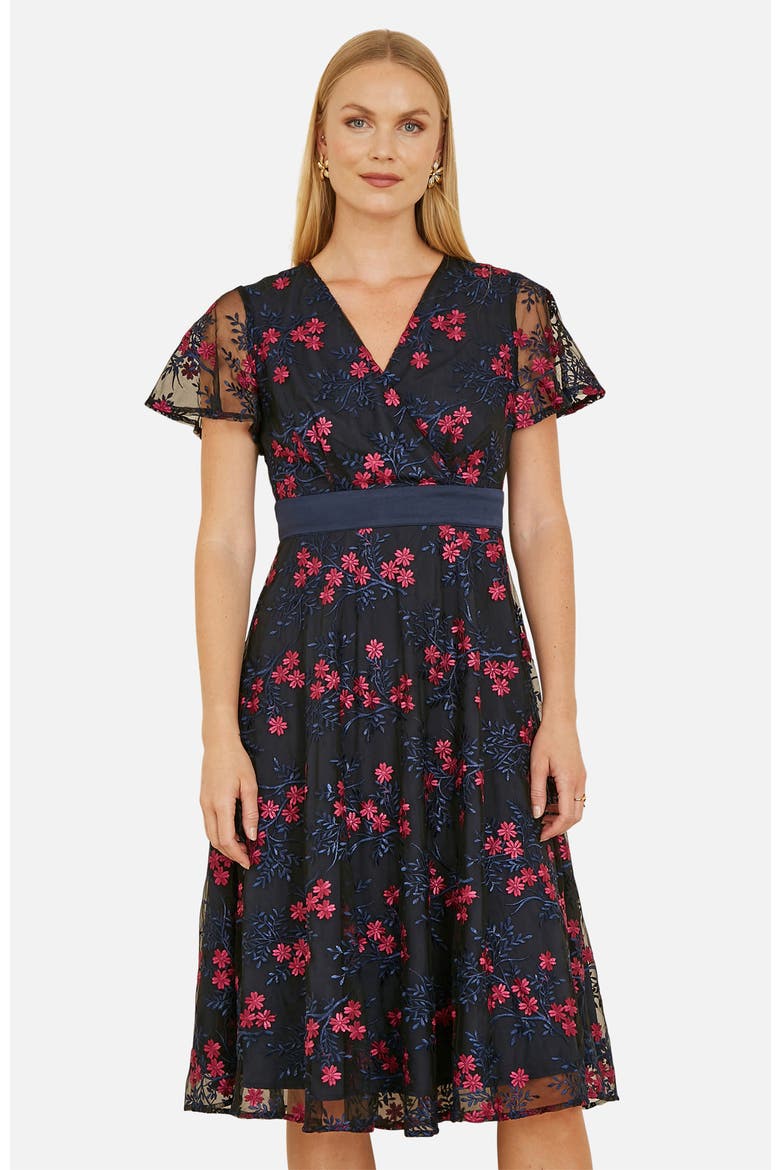 Floral Mesh Wrap Midi Skater Dress, Alternate, color, Navy