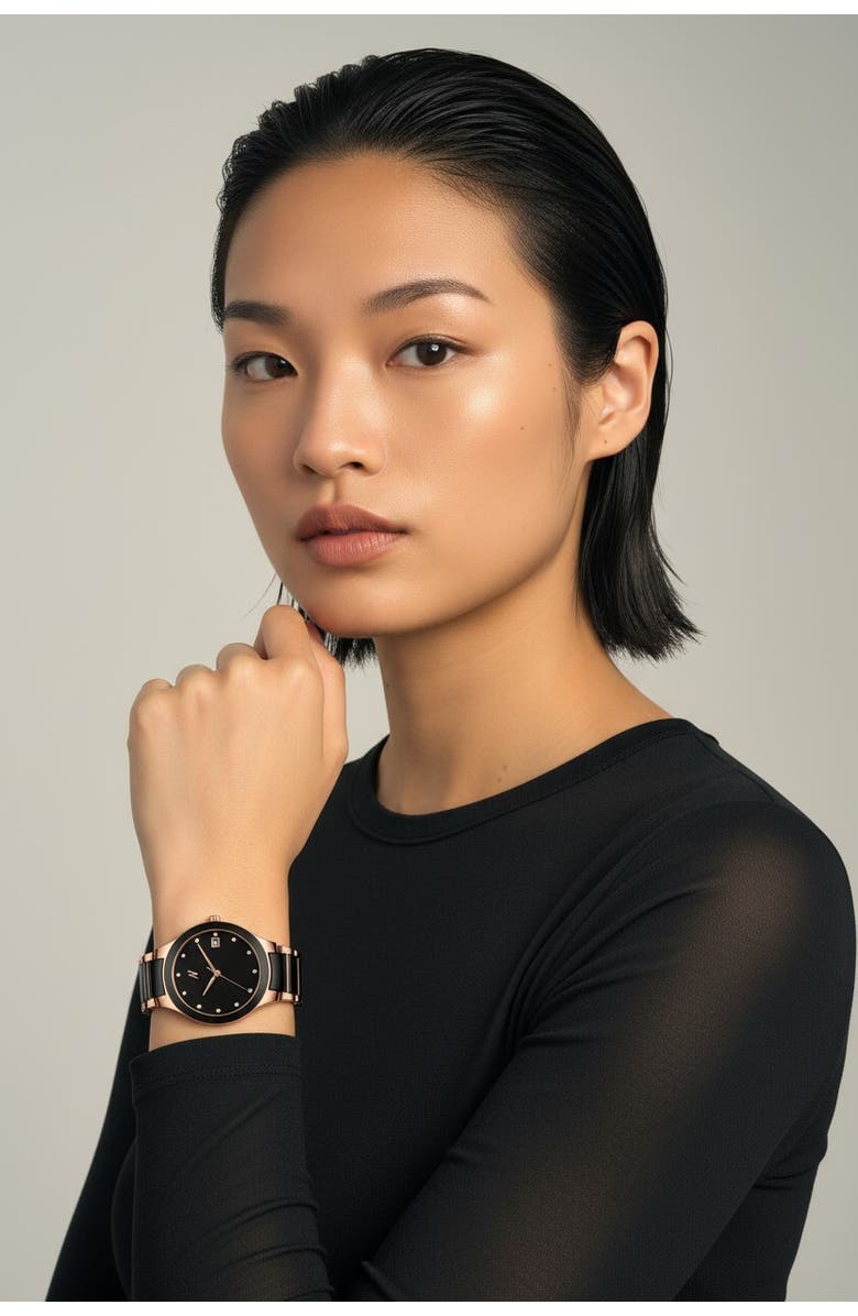 NCMPRBL Petite Link Miracle Ceramic Bracelet Watch, 34MM, Alternate, color, Black/Rose Gold