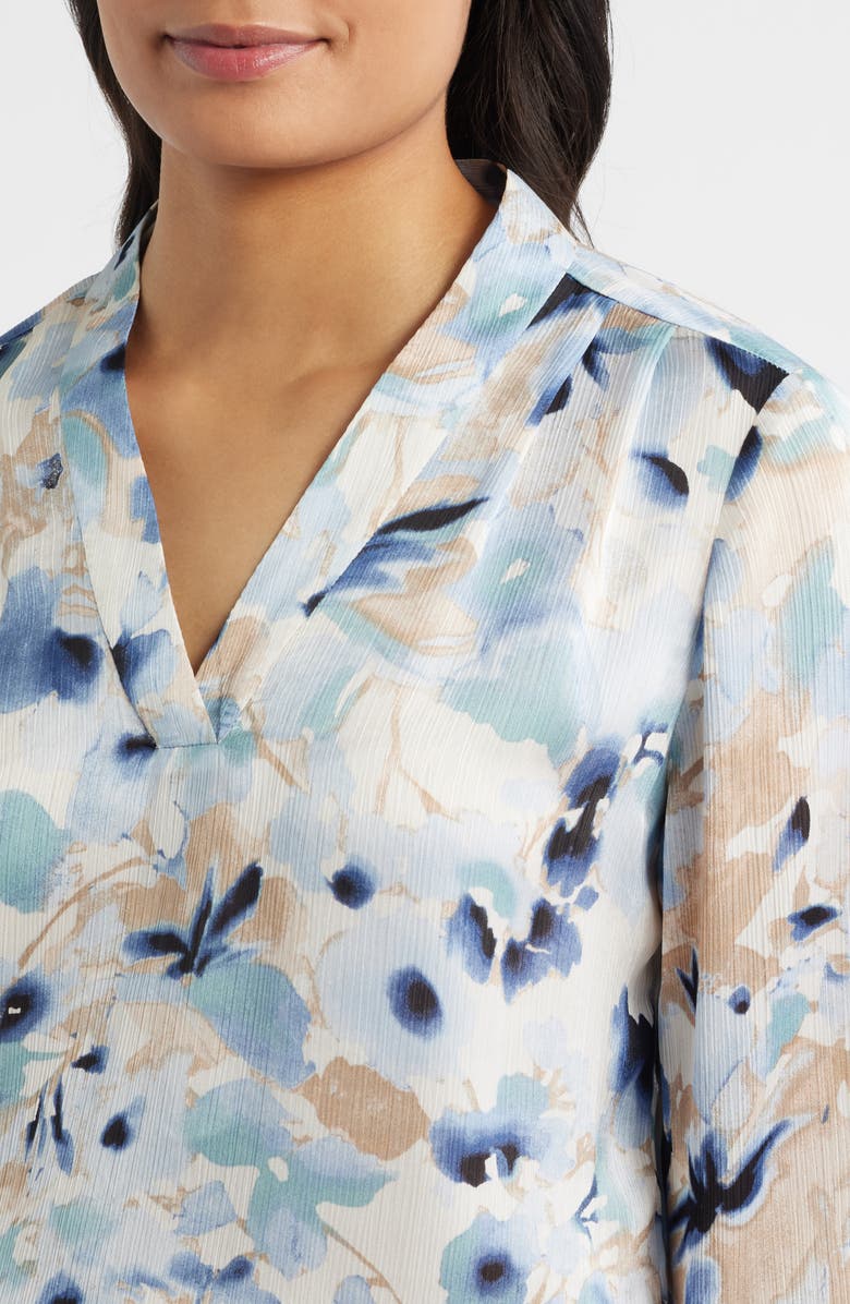 Anne Klein Blurred Floral Pleat Front V-Neck Top, Alternate, color, White Dove Multi