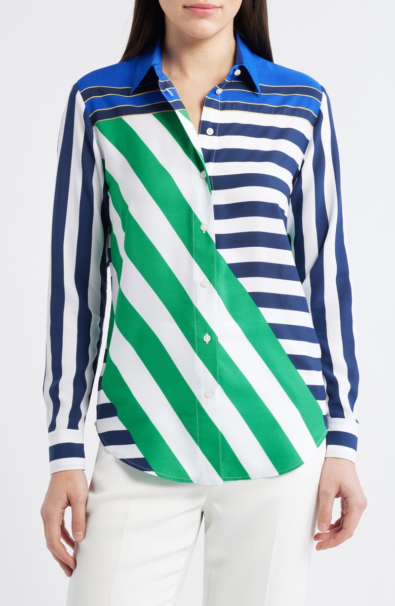 Lauren Ralph Lauren Mixed Stripe Button-Up Blouse, Main, color, Navy Blue/ White/ Green