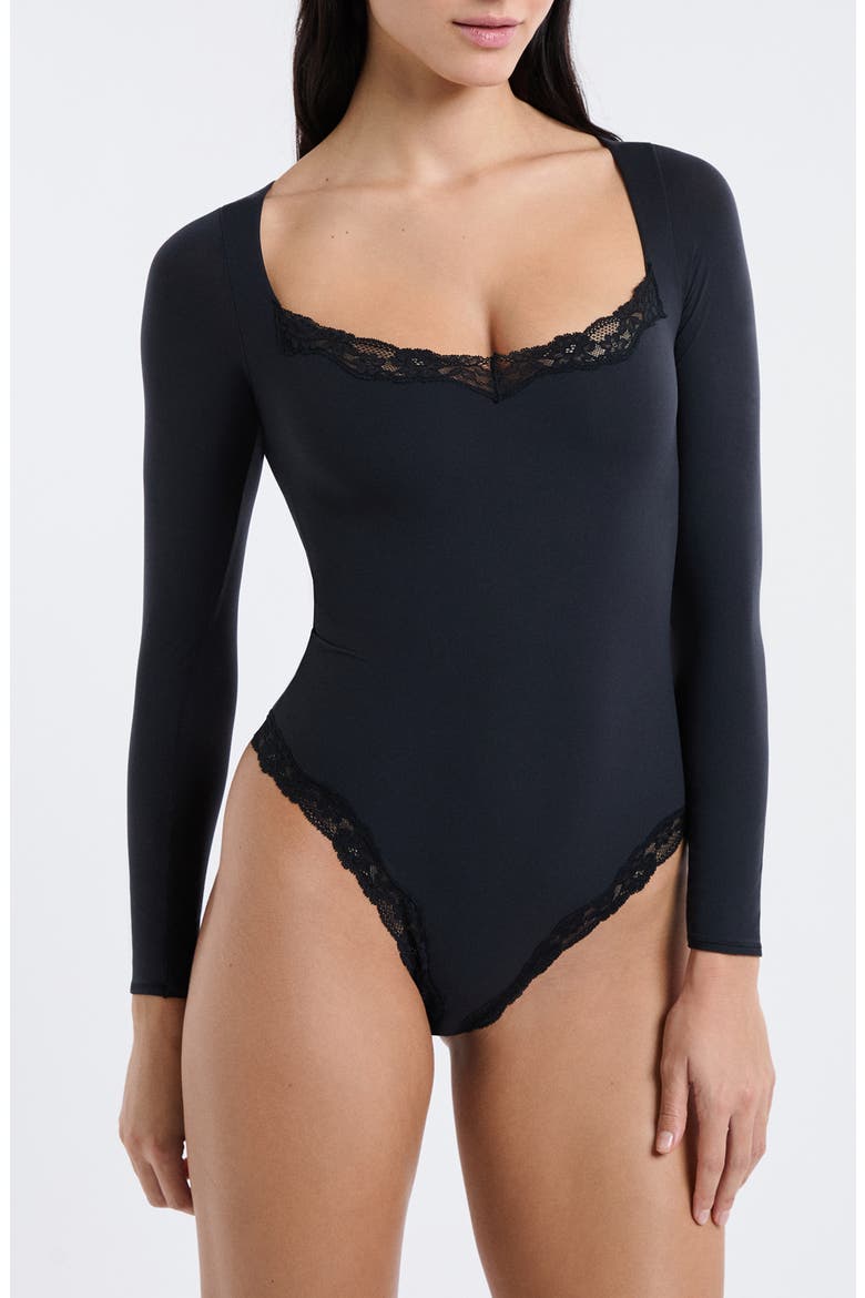 Pure Soft Lace Trim Bodysuit, Main, color, BLACK