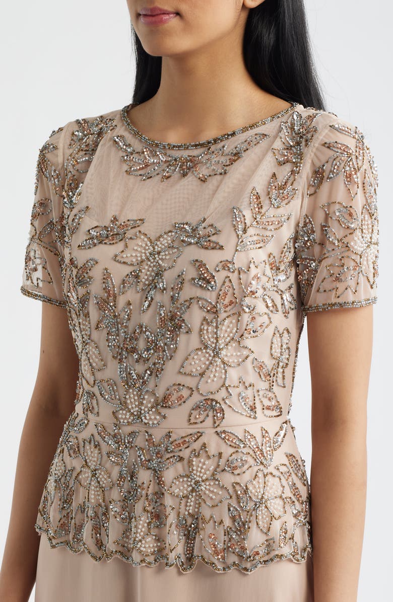 Pisarro Nights Short Sleeve Beaded Chiffon Gown, Alternate, color, Blush
