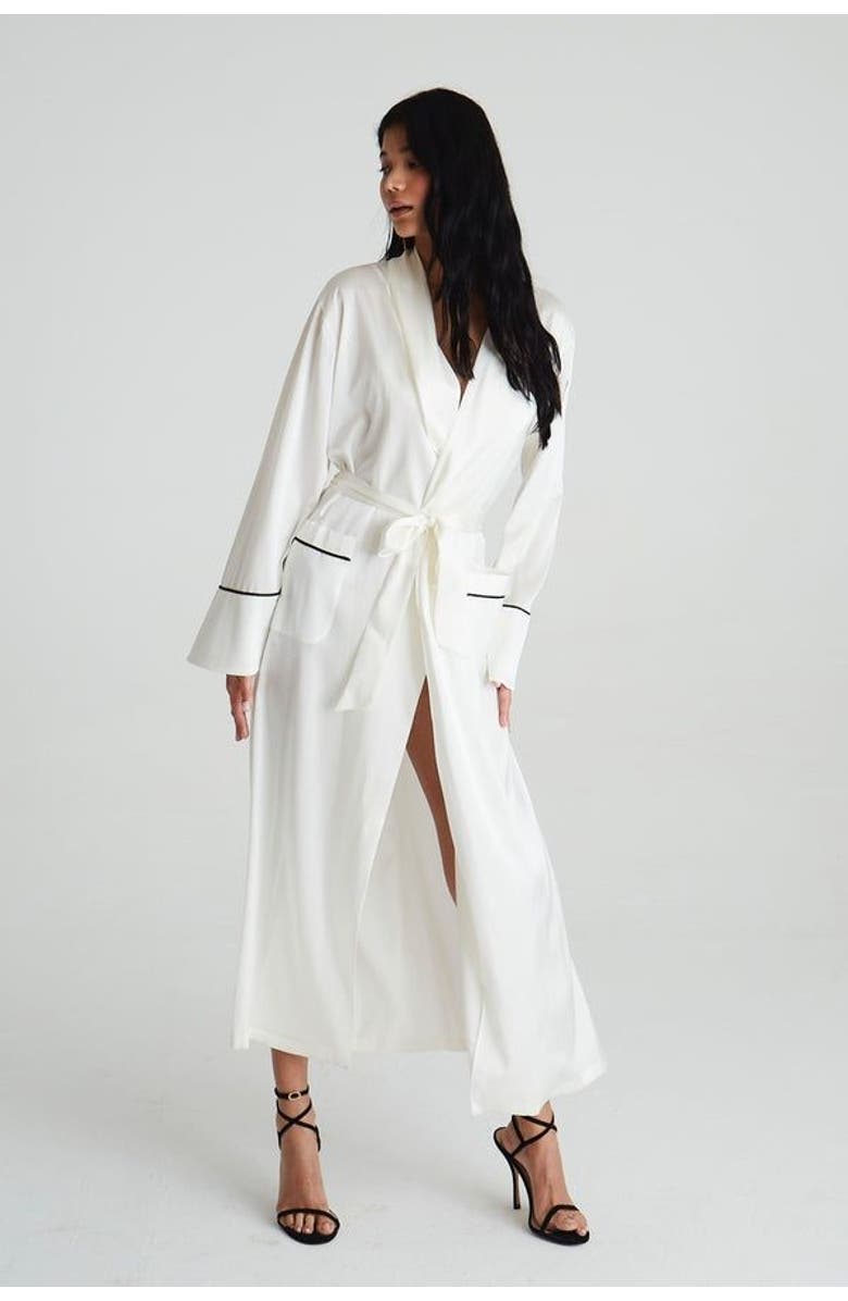 House Of Silk Silk Charna Long Length Bridal Robe, Alternate, color, White