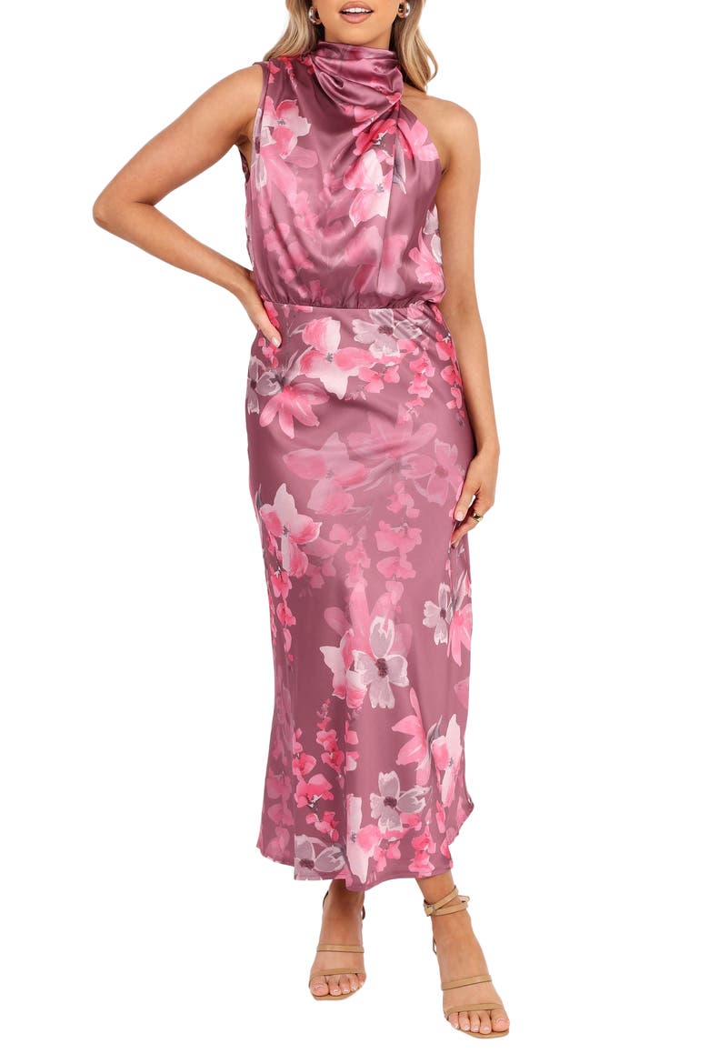 Anabelle Floral Satin Midi Dress, Main, color, DARK ROSE FLORAL