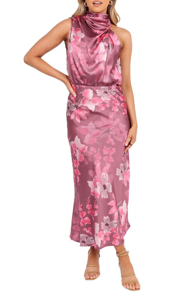 Petal & Pup Anabelle Floral Satin Midi Dress, Main, color, Dark Rose Floral