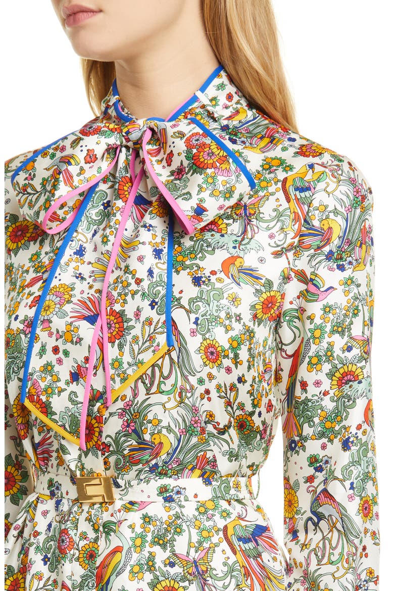 Print Contrast Binding Long Sleeve Silk Shirtdress, Alternate, color, NEW IVORY PROMISED LAND