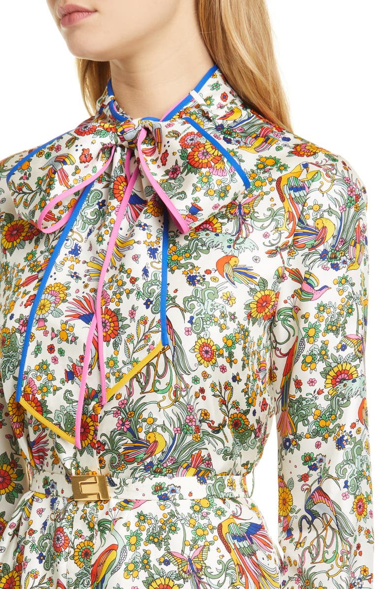 Tory Burch Print Contrast Binding Long Sleeve Silk Shirtdress, Alternate, color, 