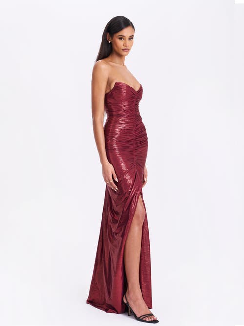Miss Circle Sabble Long Mermaid Ruched Glitter Evening Gown In Burgundy