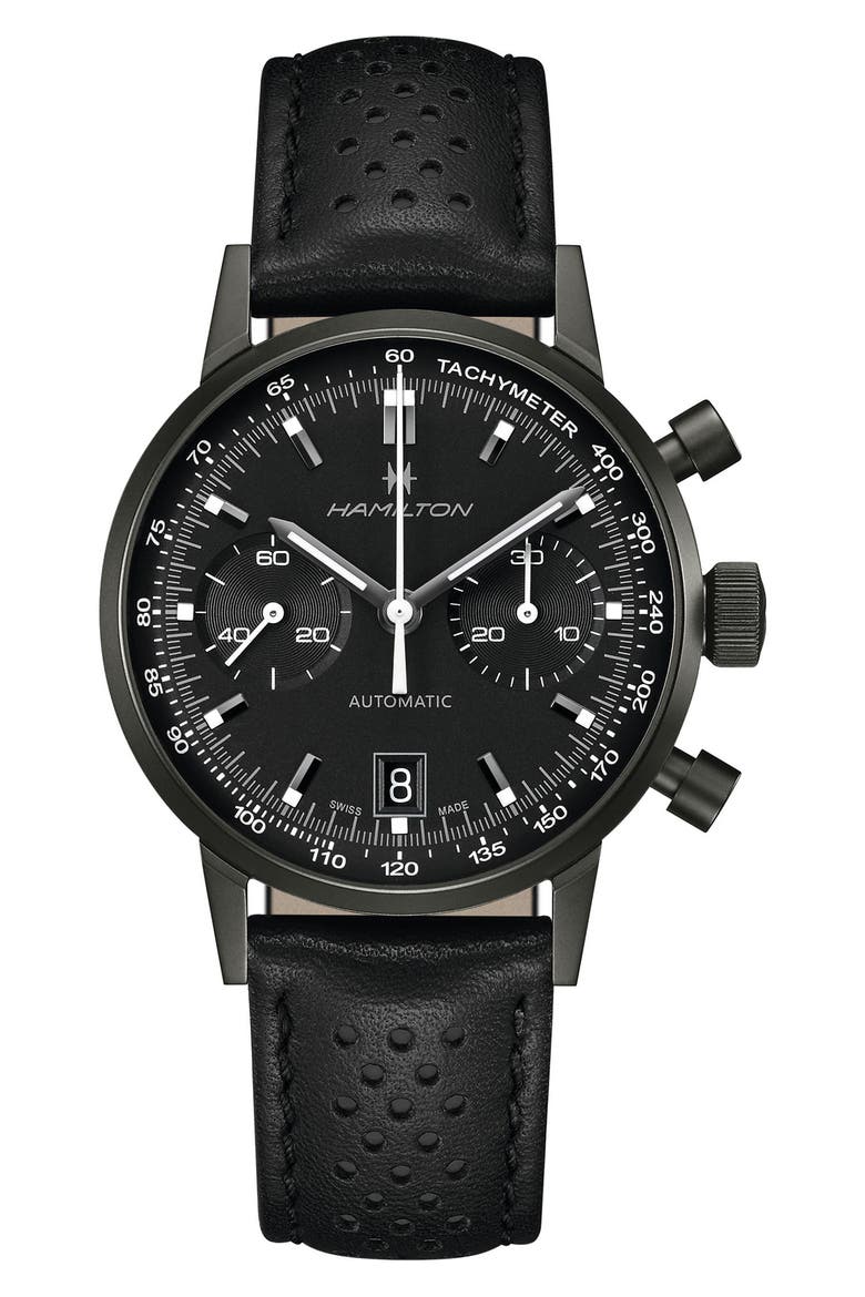 American Classic Intramatic Leather Strap Watch, 40mm, Main, color, BLACK