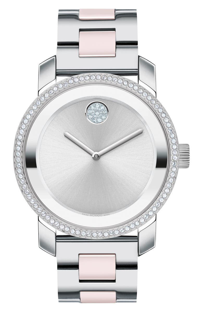 Movado Bold Iconic Crystal Bracelet Strap Watch, 36.3mm, Main, color, Silver