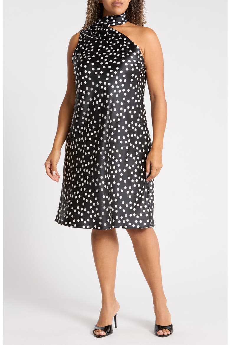One-Shoulder Polka Dot Dress, Main, color, BLACK