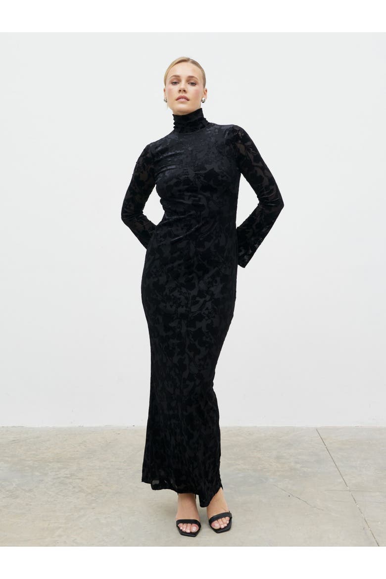 Caitlin Flocked Backless Maxi Dress, Alternate, color, Black