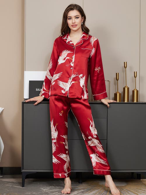 Silksilky 19momme Pure Silk Printed Classic Binding Trim Womens Pajama Set In Darkred
