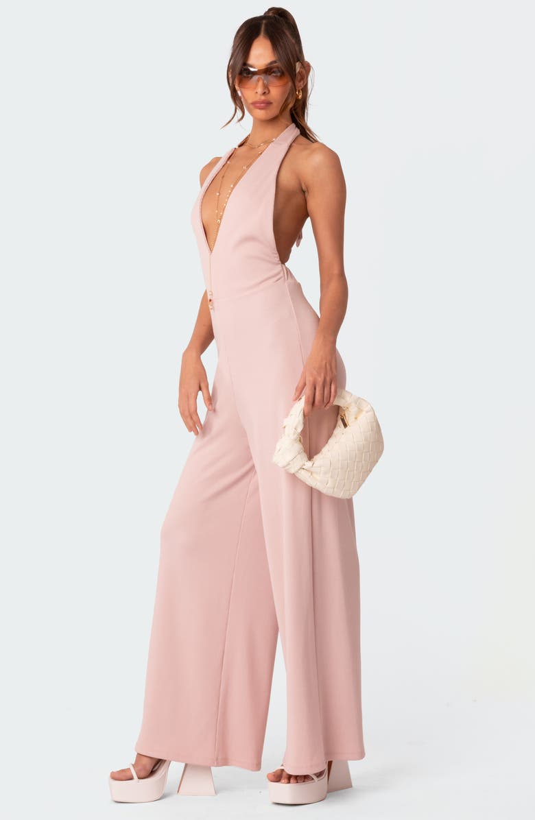 EDIKTED Halter Neck Rib Wide Leg Jumpsuit, Alternate, color,