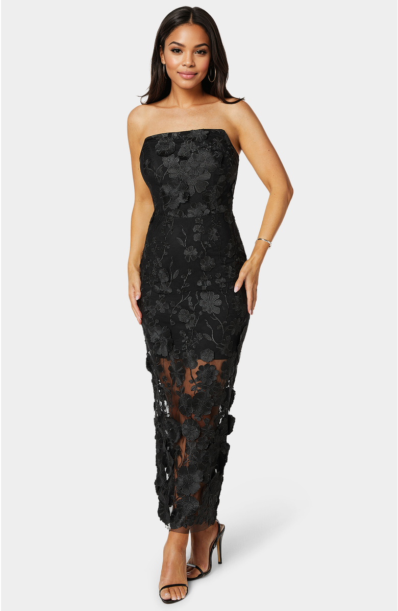 bebe Strapless 3D Lace Column Dress, Main, color, 