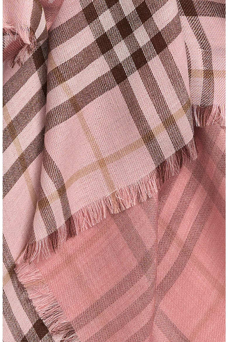 EKD Check Wool & Silk Gauze Fringe Scarf, Alternate, color, BOW PINK
