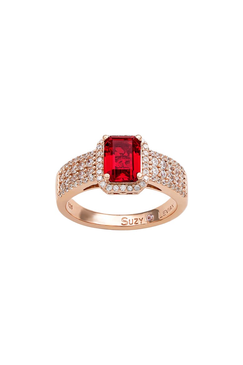Emerald Cut Cubic Zirconia Halo Ring, Alternate, color, RED