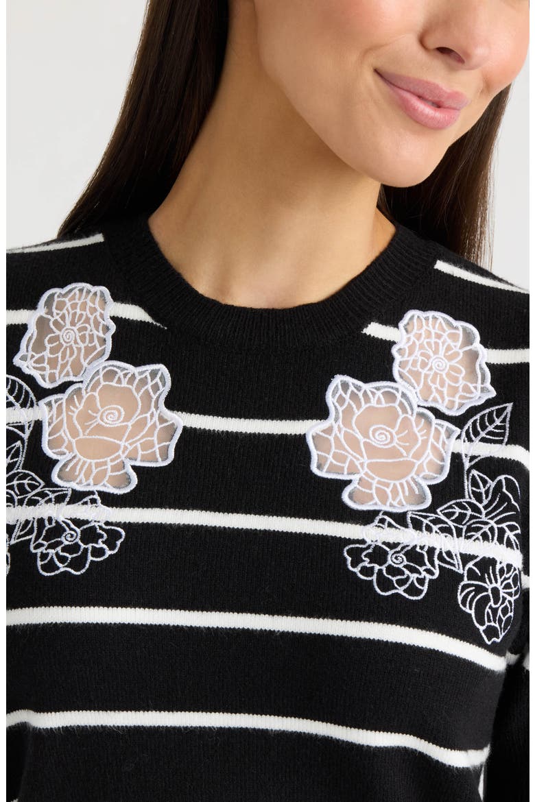 Floral Embroidered Short Sleeve Sweater, Alternate, color, BLACK/ WHITE STRIPE