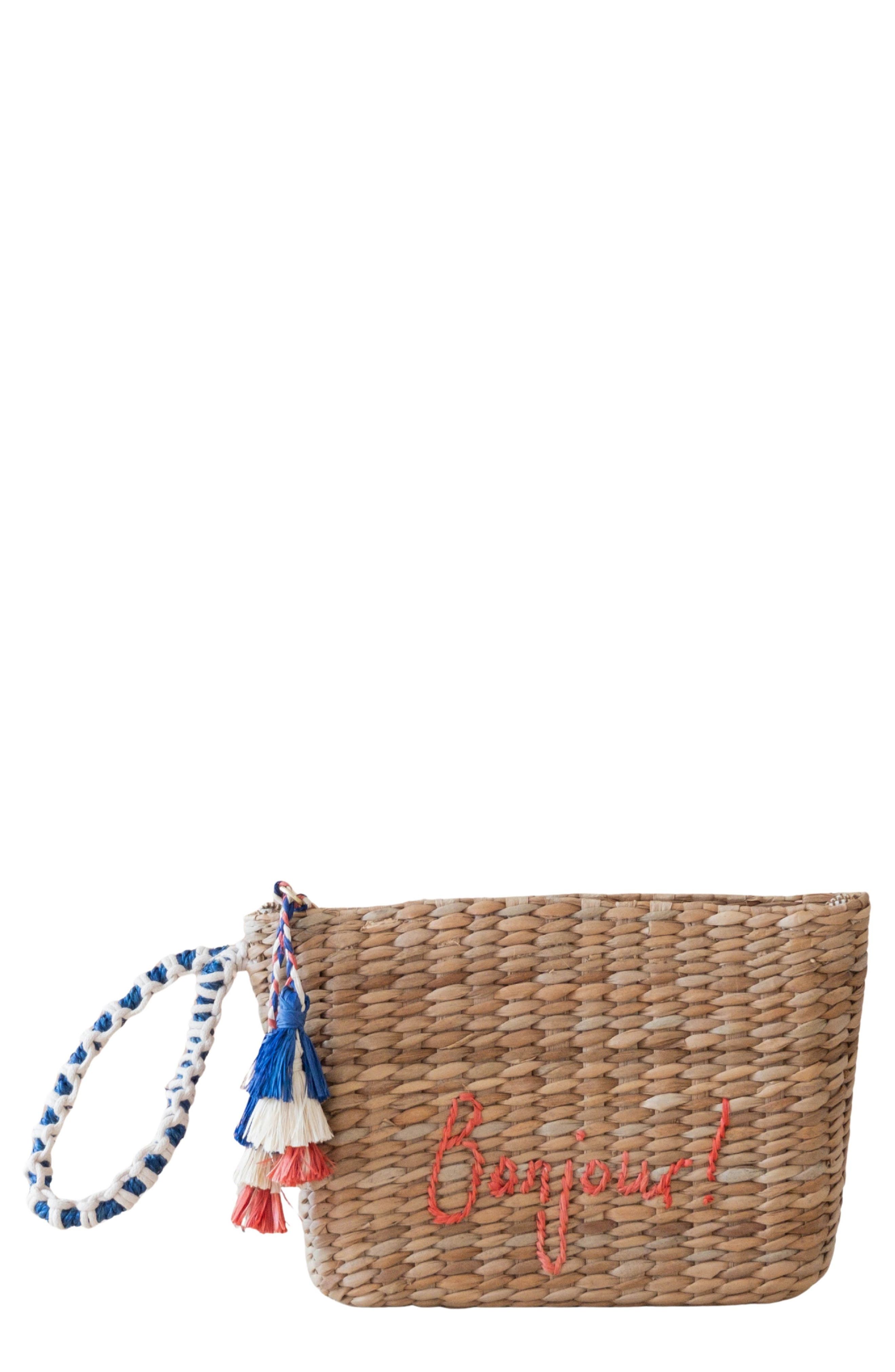 LIKHA Bonjour Embroidered Straw Pouch, Main, color, 