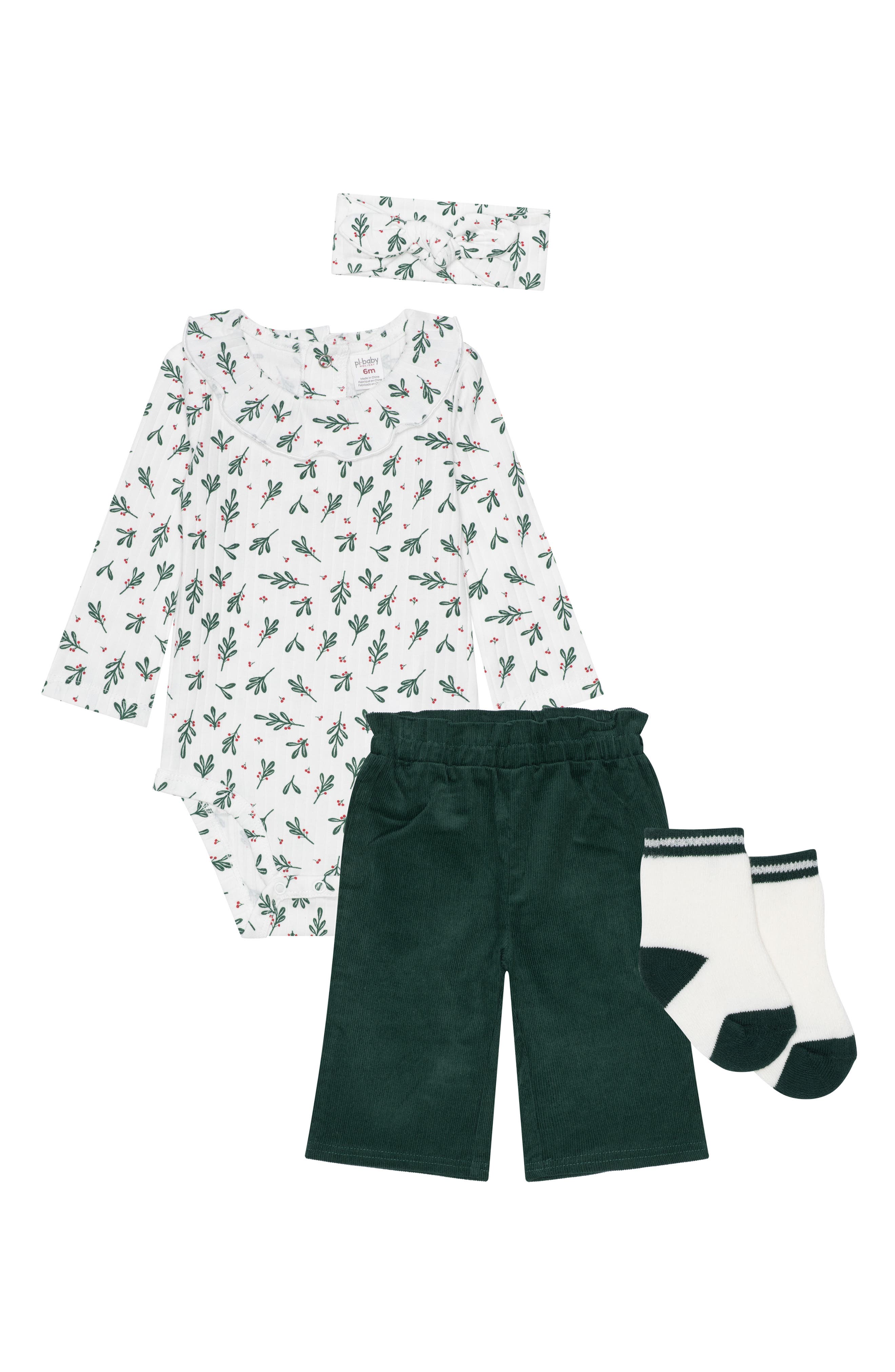 PL Baby by Petit Lem Festive Leaves Ruffle Bodysuit, Corduroy Pants, Socks & Headband Set