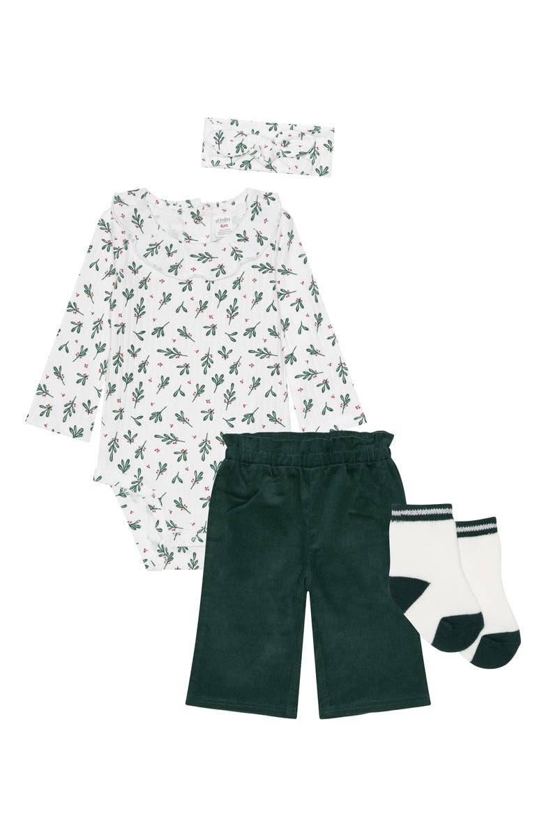 PL Baby by Petit Lem Festive Leaves Ruffle Bodysuit, Corduroy Pants, Socks & Headband Set, Main, color, Off White Leaves