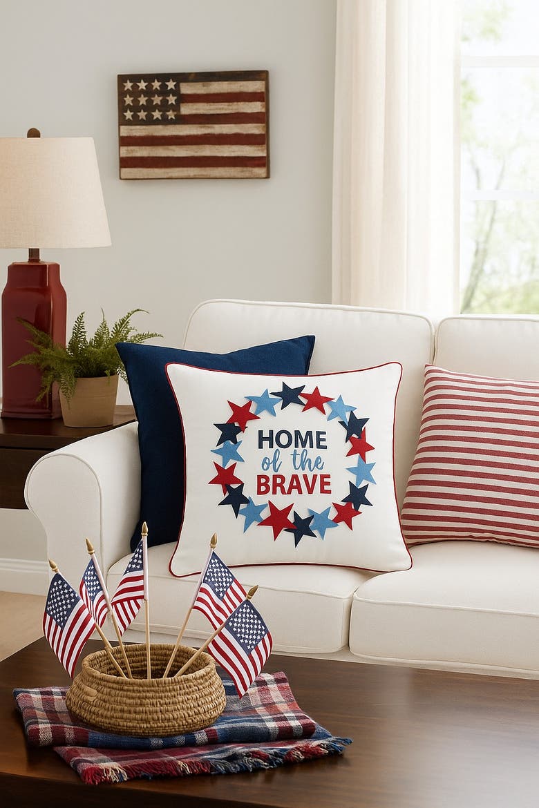 Patriotic "Home Of The Brave" Wreath Pattern Applique Accent Throw Pillow, 18" x 18", Alternate, color, Blue