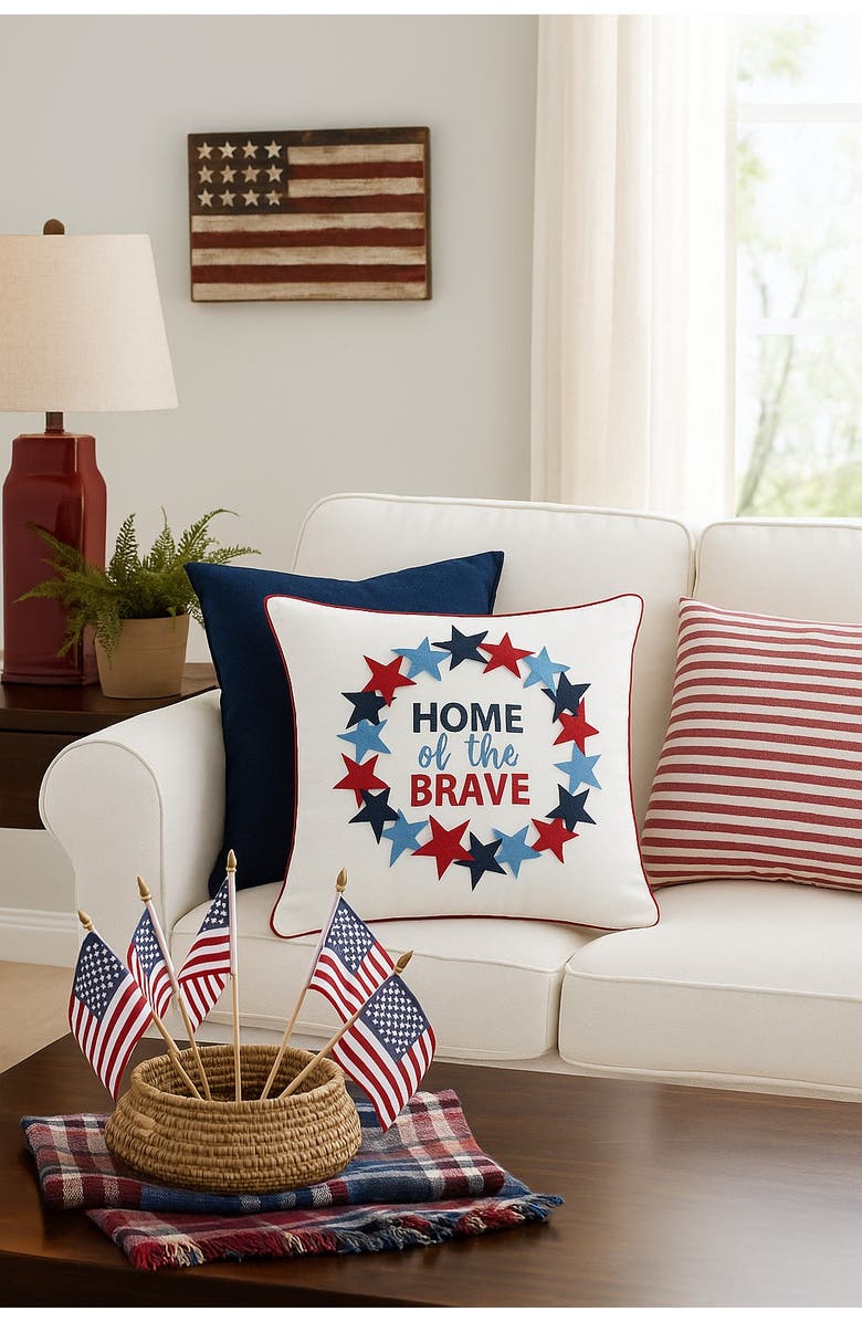 C&F Home Patriotic "Home Of The Brave" Wreath Pattern Applique Accent Throw Pillow, 18" x 18", Alternate, color, Blue