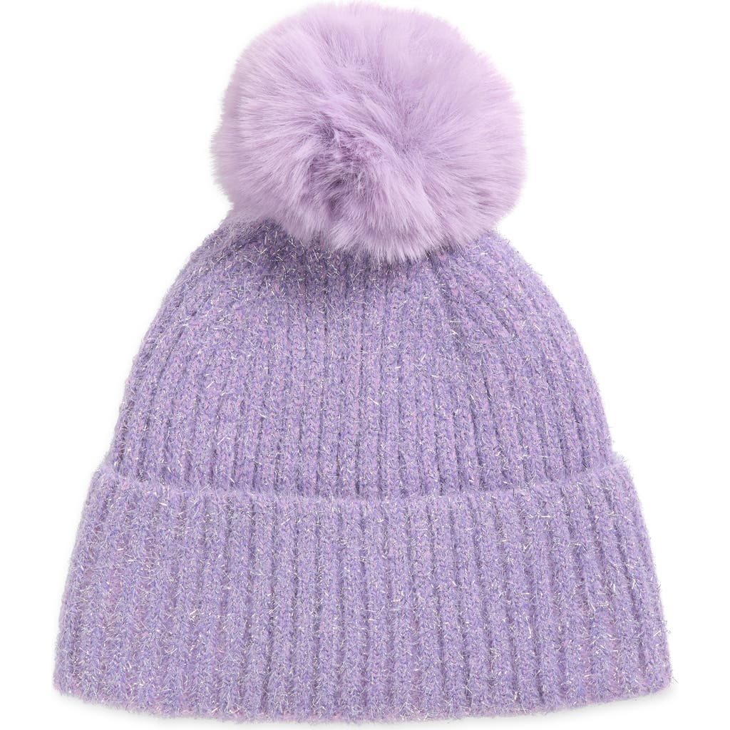 Tasha Faux Fur Pom Sparkle Beanie In Purple