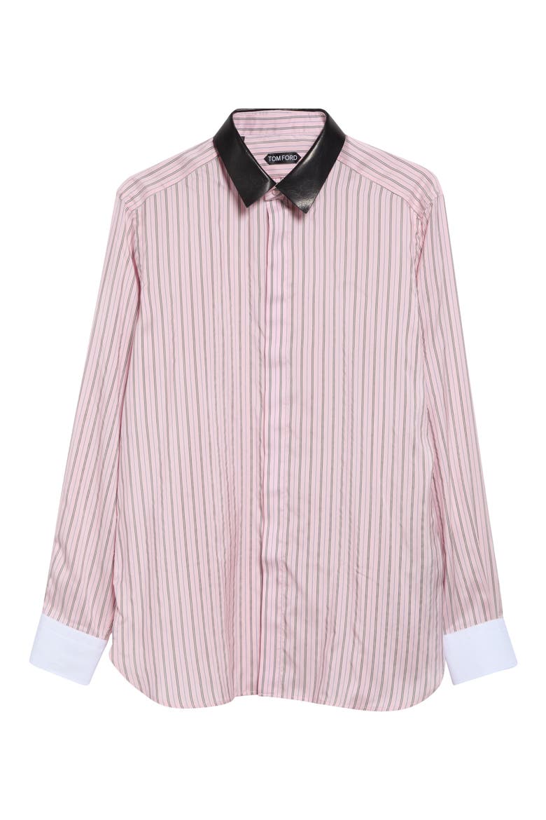 Stripe Silk Button-Up Shirt with Removable Leather Collar, Alternate, color, ROSE/ WHITE