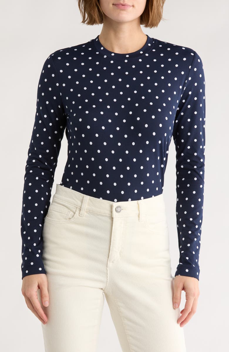 Brooks Brothers Polka Dot Long Sleeve Top, Main, color, Navy/ White