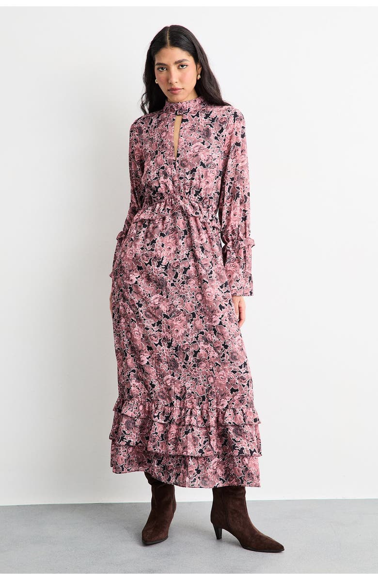 Warehouse Chiffon Shirred High Neck Midi Dress, Alternate, color, Chocolate