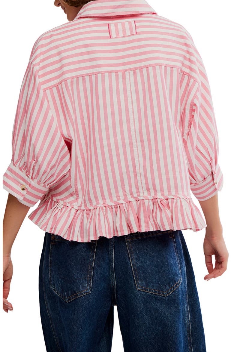Bailey Stripe Ruffle Hem Cotton Button-Up Shirt, Alternate, color, CORAL COMBO