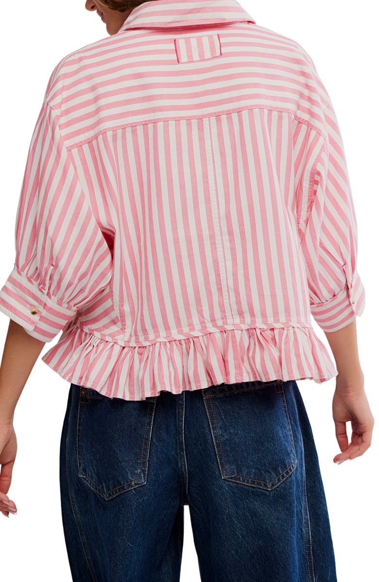 Free People Bailey Stripe Ruffle Hem Cotton Button-Up Shirt, Alternate, color, Coral Combo