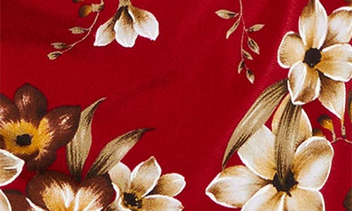 Connected Apparel Floral Side Ruched Faux Wrap Dress In Red