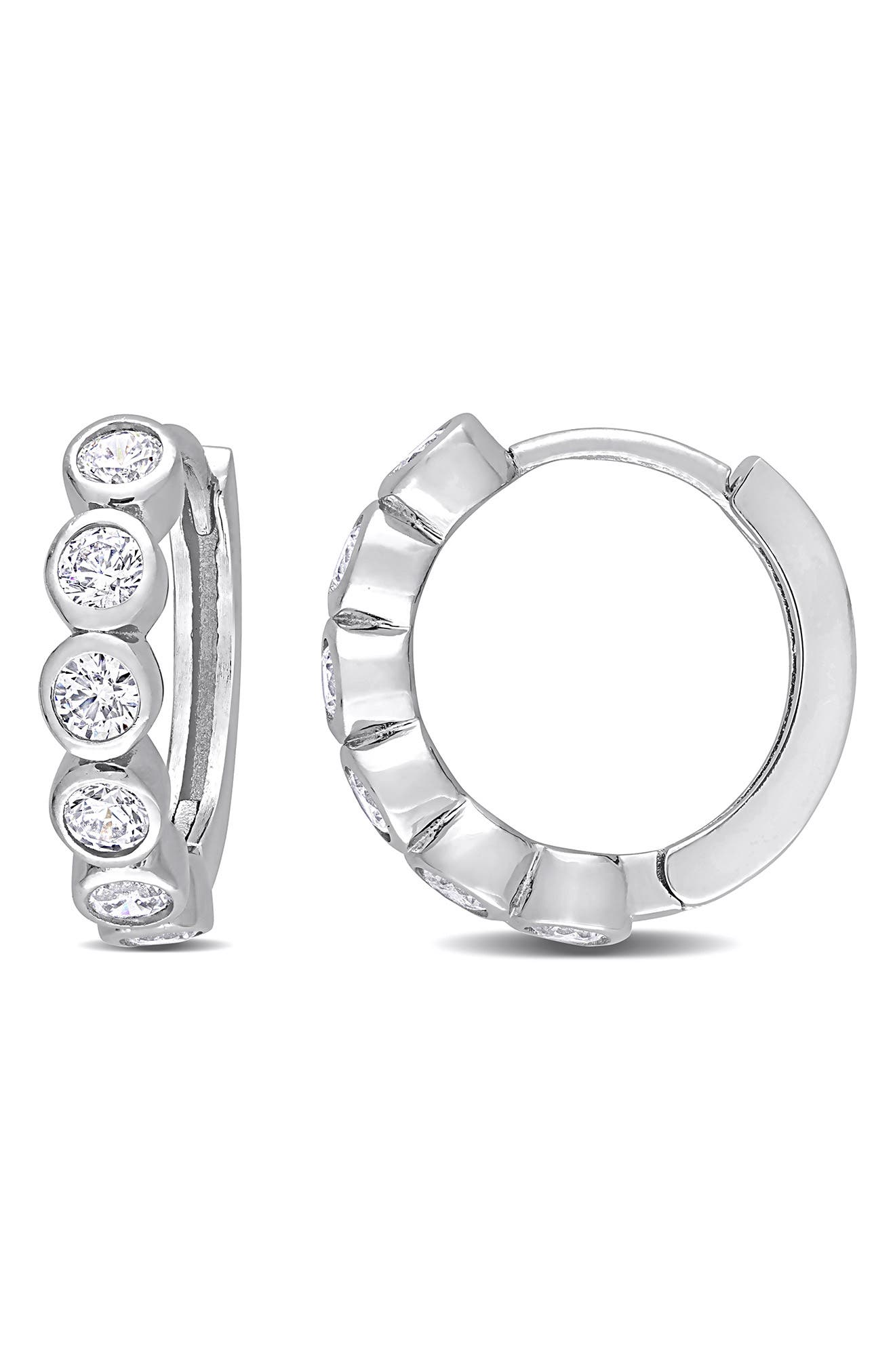 DELMAR Sterling Silver CZ Bezel Huggie Hoop Earrings