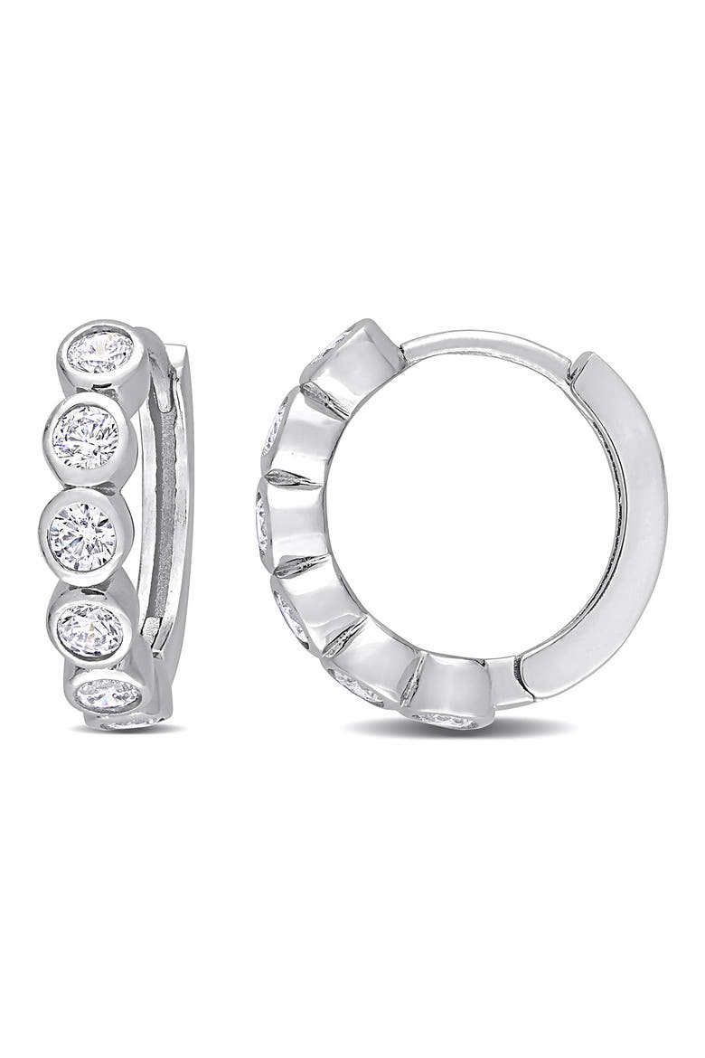 Sterling Silver CZ Bezel Huggie Hoop Earrings, Main, color, WHITE
