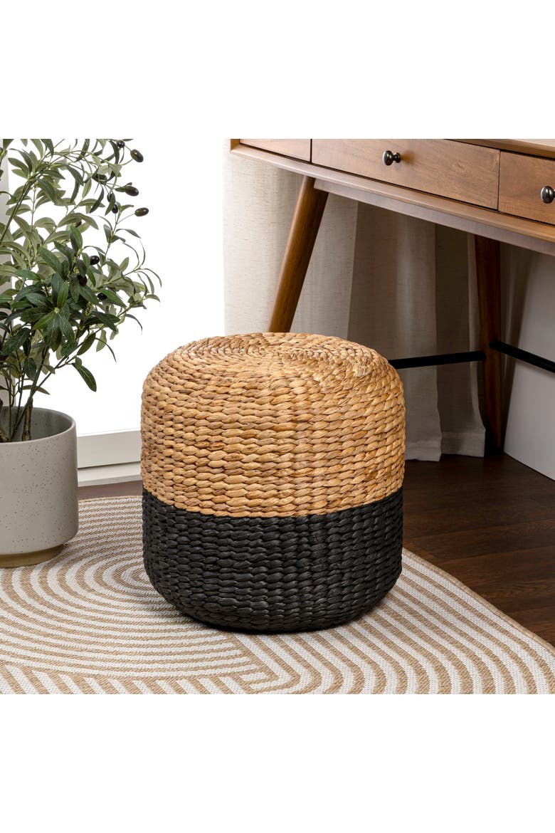 Aimee Bohemian Handwoven Water Hyacinth Round Floor Pouf Ottoman Accent Seat and Footstool for Living Room, Alternate, color, Black/Natural