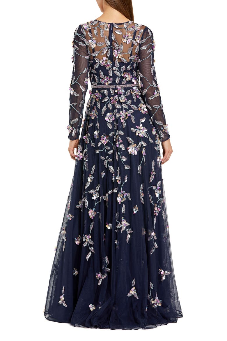 Long Sleeve Mesh Gown With Floral Detail, Alternate, color, Midnight Multi