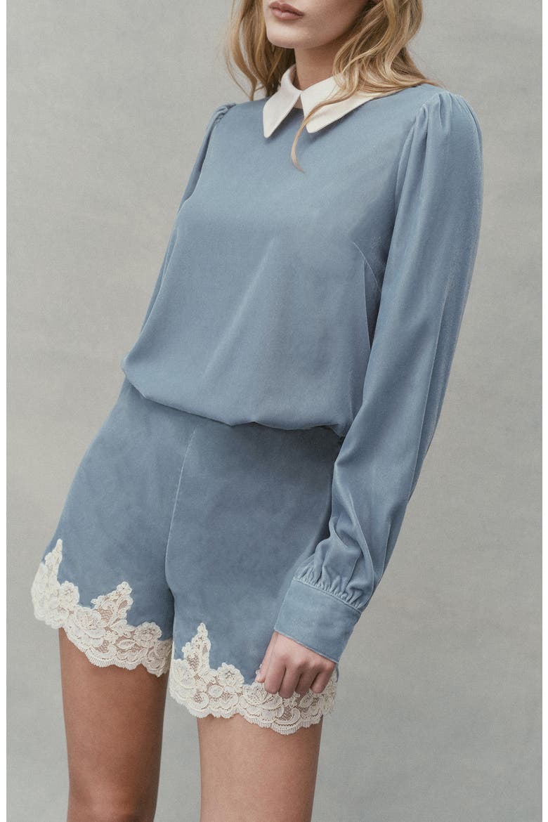 Rora Lace Hem Shorts, Alternate, color, TEAL IVORY