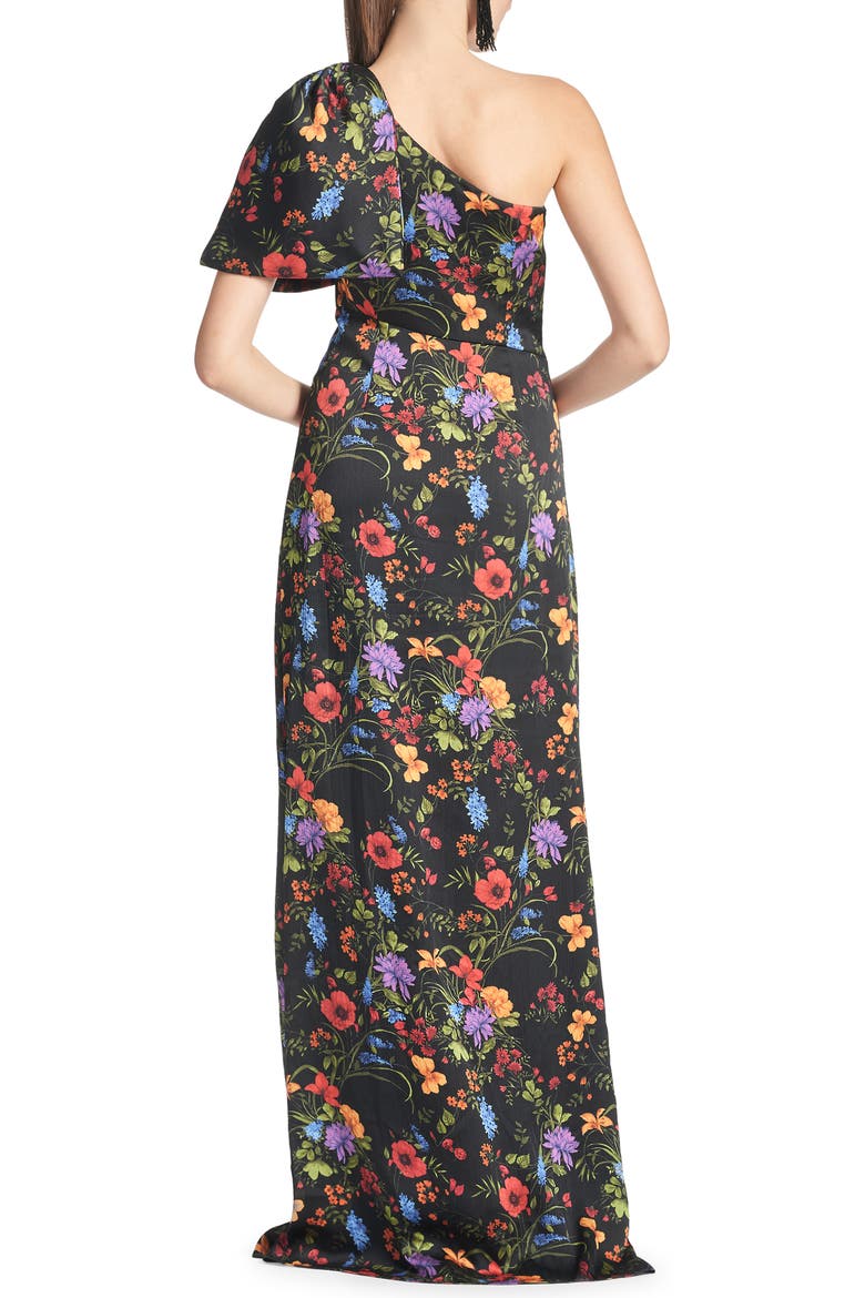 Chelsea Floral One-Shoulder Crinkle Georgette Gown, Alternate, color, NOIR WILDFLOWER