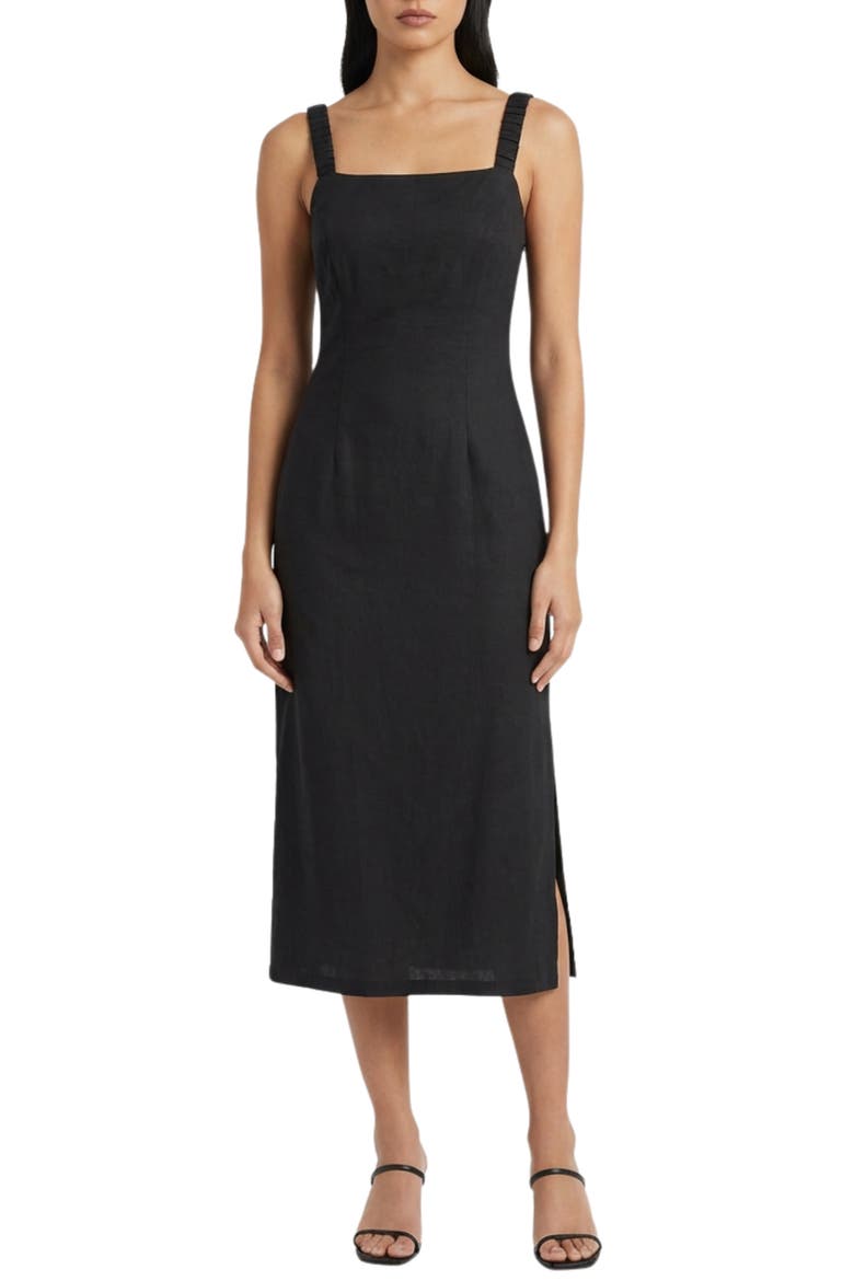 Linen Blend Midi Dress, Main, color, BLACK