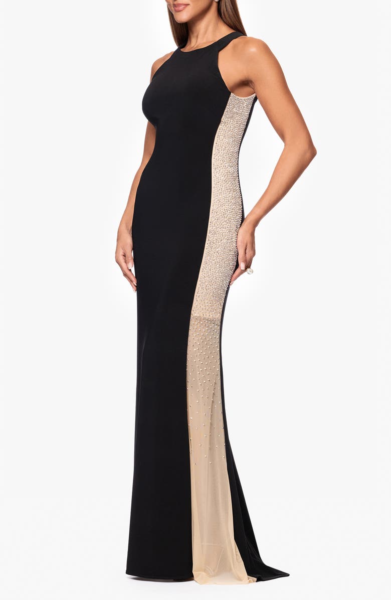 Xscape Evenings Beaded Mesh Detail Sleeveless Sheath Gown, Alternate, color, Black/ Nude/ Silver