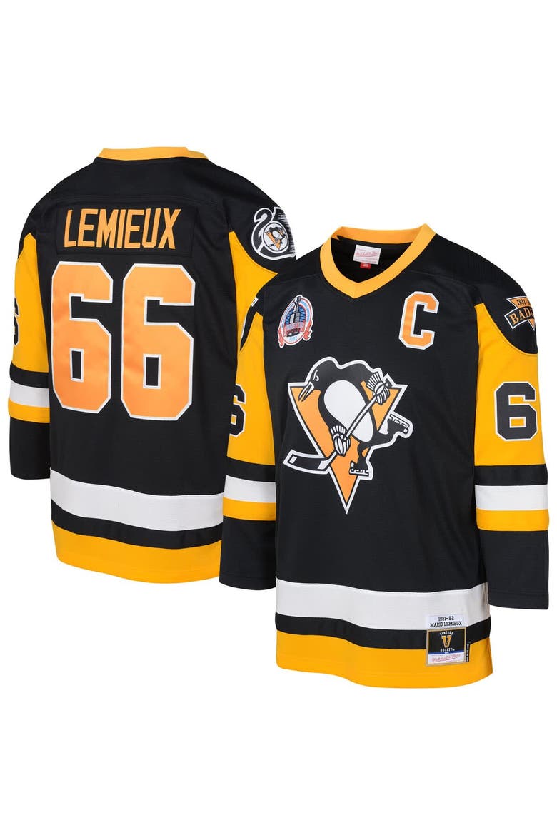 Youth Mitchell & Ness Mario Lemieux Black Pittsburgh Penguins 1991/92 Captain Patch Blue Line Player Jersey, Main, color, Black