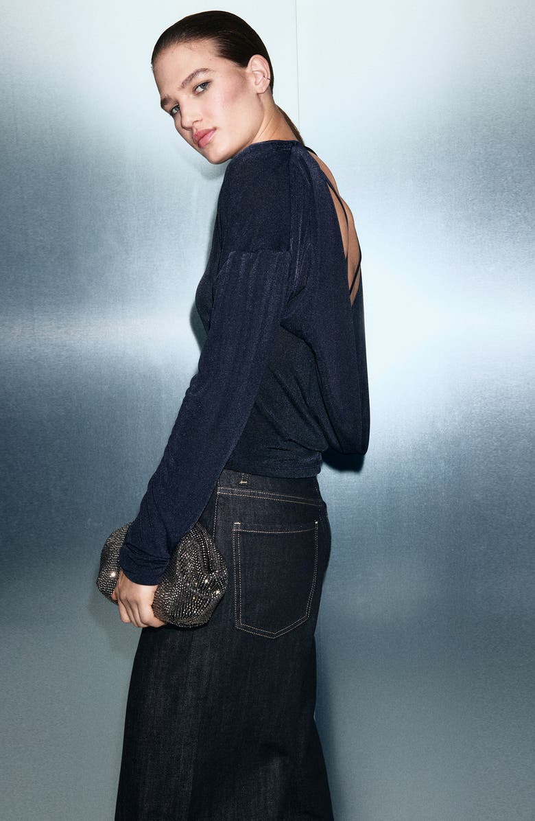 MANGO Metallic Drape Neck Long Sleeve Top, Alternate, color, Night Blue