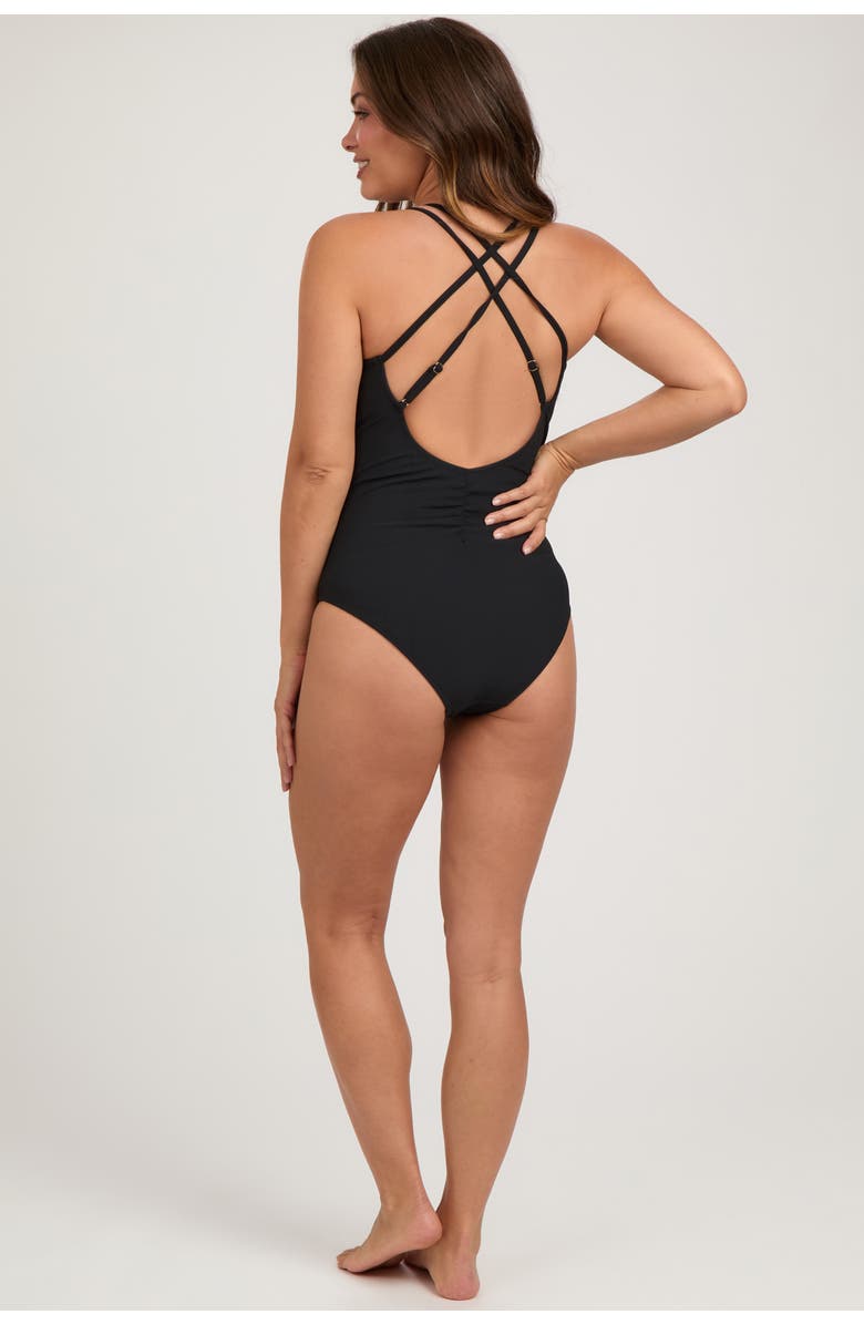 PinkBlush Ribbed V-Neck Ruched Criss Cross Low Back One Piece Swimsuit, Alternate, color, 