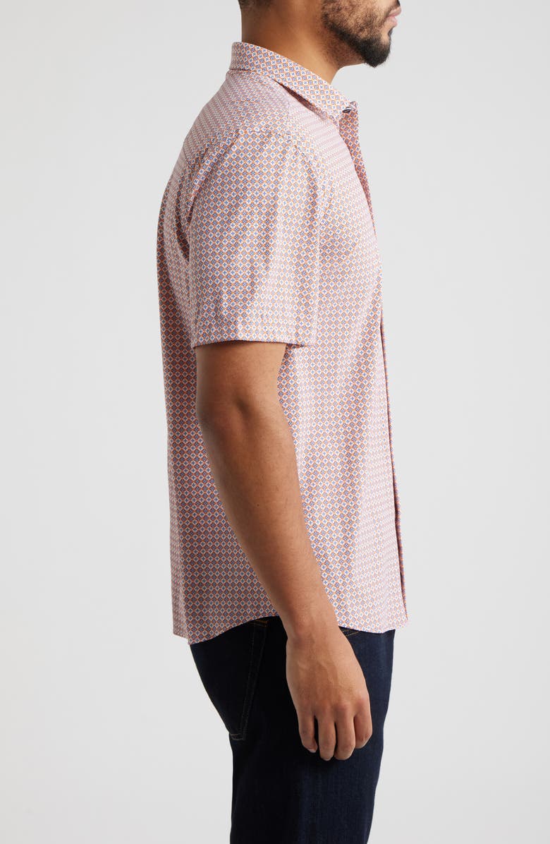 Johnston & Murphy XC+<sup>™</sup> Motion Geo Print Short-Sleeve Performance Knit Button-Up Shirt, Alternate, color, Orange Quad Grid