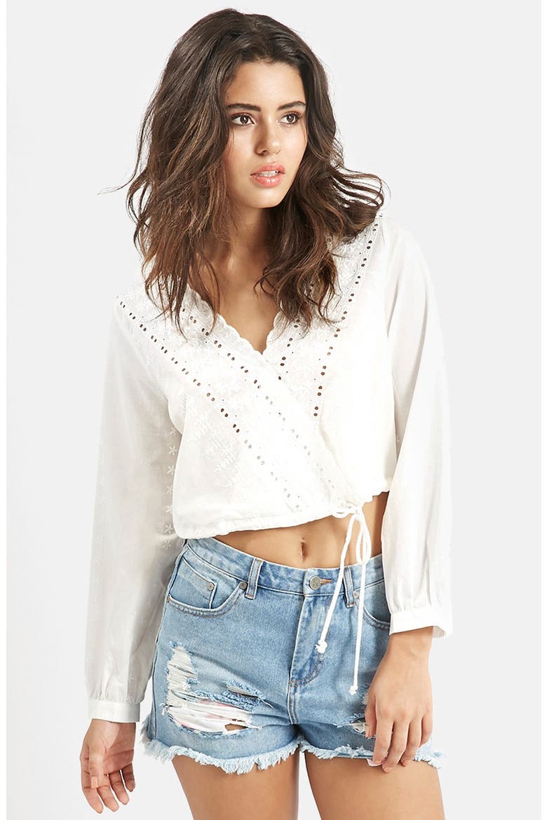 KENDALL + KYLIE at Topshop Embroidered Surplice Top, Main, color, CREAM
